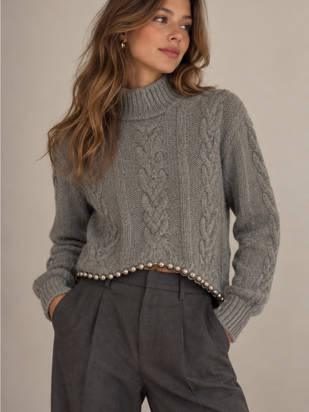 Zara Gray Cable Knit Mock Neck Sweater with Silver Pearl Hem Size Small